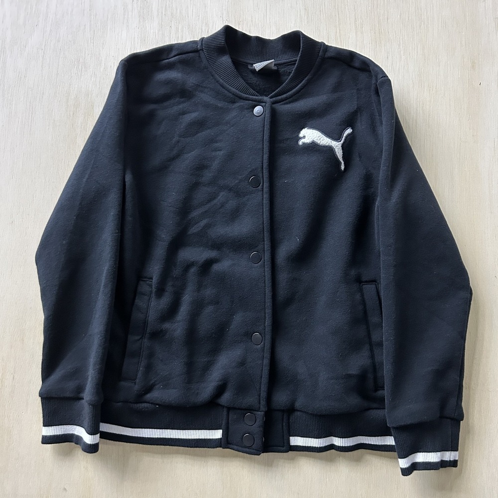Puma‎ Jacket Kids Medium Black Fleece Bomber Snap Front Varsity Logo Pockets